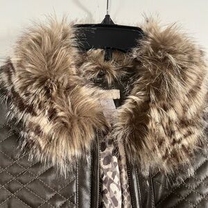 CHICOS Quilted faux Leather Jacket with Faux Fur Collar
